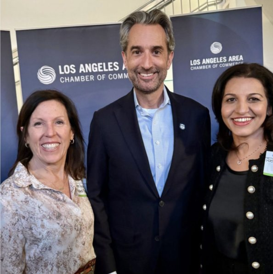 Dana C. Arnett with Rashmi Chaturvedi and Los Angeles World Airports CEO Justin Erbacci at Los Angeles Area Chamber of Commerce event