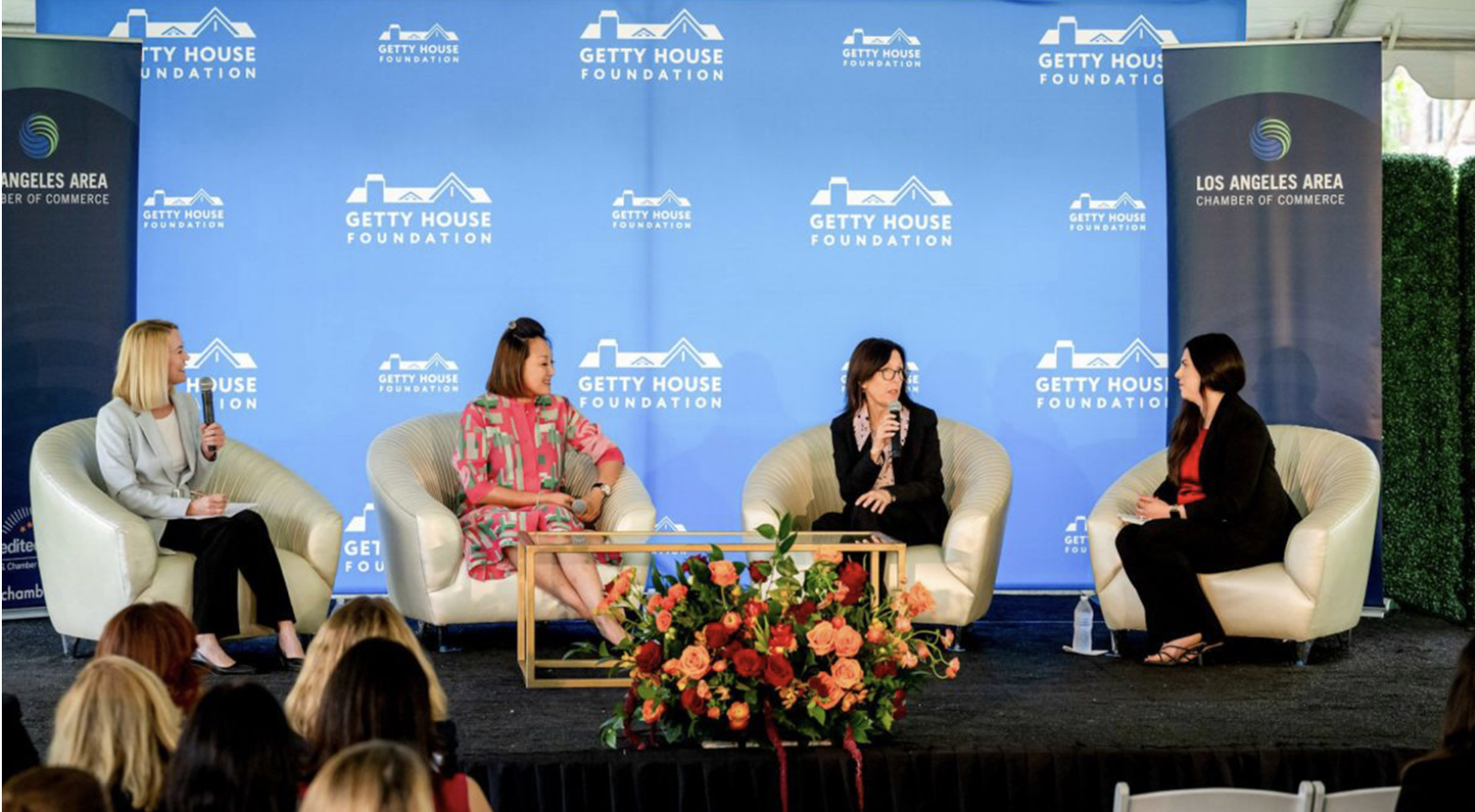 Dana C. Arnett speaking on a Women in Leadership panel at Getty House hosted by the Los Angeles Area Chamber of Commerce in Los Angeles